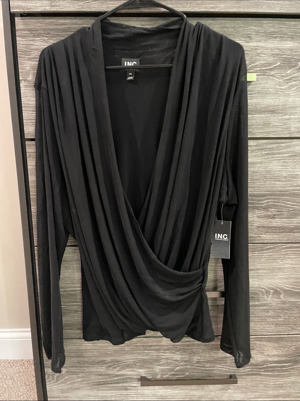 INC International Concepts Black Draped Surplice Long Sleeve Top